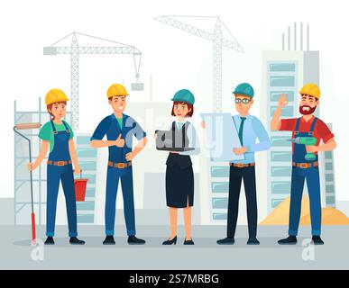 Construction team. Engineering and constructions workers, building engineers group and technicians people. Engineer expert teamwork, industry job character cartoon vector illustration. Construction team. Engineering and constructions workers, building engineers group and technicians people cartoon vector illustration Stock Vector