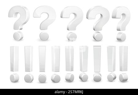 Realistic question and exclamation marks. Attention mark, questioning symbol and issue sign. Guestion mark, alphabetical ask point. Isolated vector 3D illustration icons set. Realistic question and exclamation marks. Attention mark, questioning symbol and issue sign vector 3D illustration set Stock Vector
