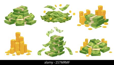 Cartoon money and coins. Green dollar banknotes pile, golden coin and rich. Bank debt bill investment, earnings treasure or jackpot money capital. Isolated vector illustration icons set. Cartoon money and coins. Green dollar banknotes pile, golden coin and rich vector illustration set Stock Vector