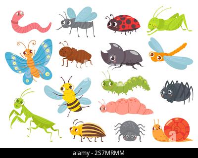 Cute cartoon insects. Funny caterpillar and butterfly, children bugs, mosquito and spider. Green grasshopper, ant and ladybug. Bug insect colorful isolated vector illustration icons set. Cute cartoon insects. Funny caterpillar and butterfly, children bugs, mosquito and spider. Green grasshopper, ant and ladybug vector illustration set Stock Vector