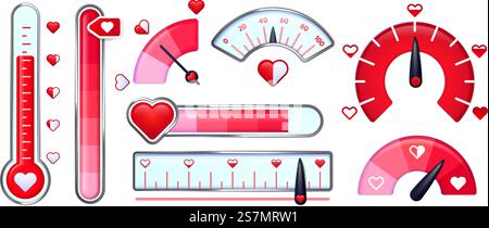 Love meter. Valentines Day card, love indicator with red hearts and love thermometer. Red heart meters vector set. Collection of analog attraction and passion scales, gauge for romance measurement.. Love meter. Valentines Day card, love indicator with red hearts and love thermometer. Red heart meters vector set Stock Vector