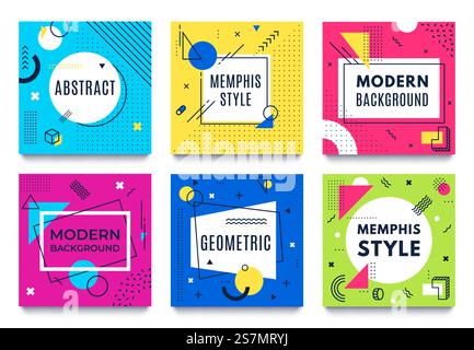 Abstract geometric frame. Memphis square cards, funky colourful stripes and dots shapes and quotes text frames background. Futuristic brochure, advertising 80s frames. Isolated vector icons set. Abstract geometric frame. Memphis square cards, funky colourful stripes and dots shapes and quotes text frames background vector set Stock Vector