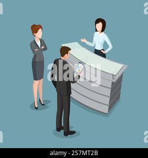 Flat isometric reception interior vector illustration. Business people at office work: businesswoman, boss, manager, secretary. Man with tablet. 3d isometry team staff concept. Stock Vector