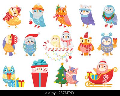 Winter owl. Cute christmas birds, owls in scarf and hat and bird mascot. 2020 Xmas owl birdie character in gift box, in sleigh or decorate tree. Isolated icons vector illustration set. Winter owl. Cute christmas birds, owls in scarf and hat and bird mascot vector illustration set Stock Vector