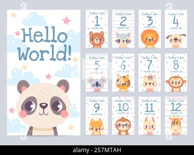 Baby month cards with animals. Monthly milestone stickers for newborn scrapbook. Kids age tags with sloth, lion, giraffe and fox vector set. Celebrating child growth with adorable characters. Baby month cards with animals. Monthly milestone stickers for newborn scrapbook. Kids age tags with sloth, lion, giraffe and fox vector set Stock Vector