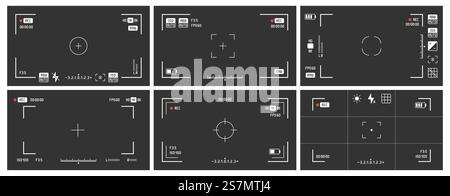 Video camera viewfinders. Recording view frame, cinema rec viewing screen and dslr cam viewfinder. Video filming screen, shooting camera recording display isolated vector set. Video camera viewfinders. Recording view frame, cinema rec viewing screen and dslr cam viewfinder vector set Stock Vector