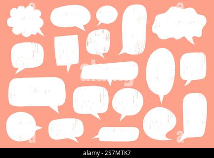 Textured speech bubble. Comic communication frame with stamp texture, hipster discussion balloon and hand drawn doodle chat bubble frames vector set. Blank text clouds isolated on pink background. Textured speech bubble. Comic communication frame with stamp texture, hipster discussion balloon and hand drawn doodle chat bubble frames vector set. Empty text clouds isolated on pink background Stock Vector