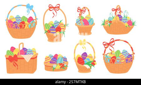 Easter baskets. Painted chocolate eggs in wicker basket with ribbon, grass, tulip and snowdrop flower. Spring traditional holiday vector set. Illustration basket easter with eggs. Easter baskets. Painted chocolate eggs in wicker basket with ribbon, grass, tulip and snowdrop flower. Spring traditional holiday vector set Stock Vector