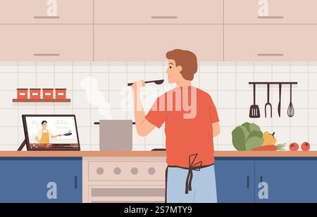Watch video recipe. Man cooking at kitchen using online chef courses. Preparing food by tutorial, distance learning at home vector concept. Character cooking vegetable with guide on tablet. Watch video recipe. Man cooking at kitchen using online chef courses. Preparing food by tutorial, distance learning at home vector concept Stock Vector