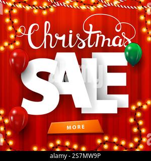 Christmas sale, square red discount banner with large volumetric letters, curtain on the background, garlands, balloons and button Stock Vector