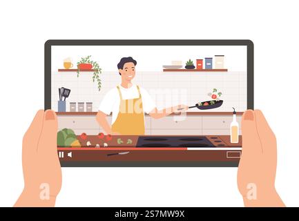 Cooking video. Hands holding tablet with culinary broadcast, show or online lesson. Chef preparing food in kitchen interior vector concept. Man character in apron frying vegetables on pan. Cooking video. Hands holding tablet with culinary broadcast, show or online lesson. Chef preparing food in kitchen interior vector concept Stock Vector