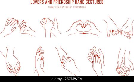 Vector set of linear holding hands gestures, logo design template. Love and friendship hands for tattoo, print and sticker design elements.  Card template for valentines day. Stock Vector
