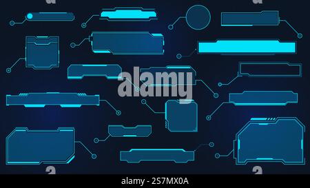 Futuristic callout titles. Virtual sci fi textbox for HUD. Tech hologram data frames. Cyber UI callouts. Digital layout element vector set. Information call box bars and modern info. Futuristic callout titles. Virtual sci fi textbox for HUD. Tech hologram data frames. Cyber UI callouts. Digital layout element vector set Stock Vector