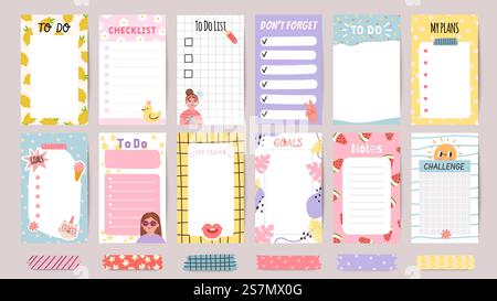 Planner list notes. Weekly to do lists and daily schedule with stickers and cute patterns. Checklist for goals and plans template vector set. Challenge and do not forget papers for print. Planner list notes. Weekly to do lists and daily schedule with stickers and cute patterns. Checklist for goals and plans template vector set Stock Vector
