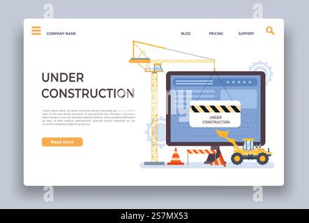 Website under construction. Landing page of developing site with crane, bulldozer barrier. Webpage building work process vector template. Illustration website maintenance, internet page in progress. Website under construction. Landing page of developing site with crane, bulldozer and barrier. Webpage building work process vector template Stock Vector