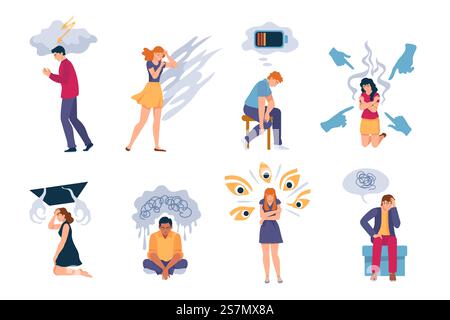 Depressed people. Exhausted lonely sad woman and man with anxiety, depression, mental disorders and stress. Psychology problems vector set. Character with fatigue, sick or depressed illustration. Depressed people. Exhausted lonely sad woman and man with anxiety, depression, mental disorders and stress. Psychology problems vector set Stock Vector