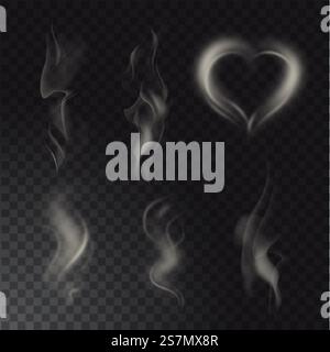 collection of different realistic high detailed smokes from hot food or drink isolated on transparent background. Set of high detailed smokes from hot food or drink isolated on transparent background Stock Vector