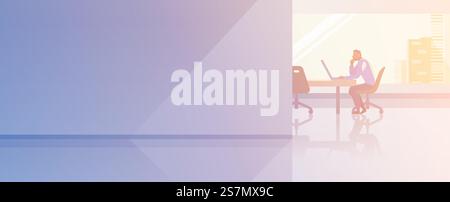 Office interior open-space flat design vector illustration. Businessman Boss top manager sitting working with laptop talking on phone. Stock Vector