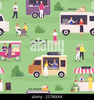Food truck seamless pattern. Summer street festival and people buy fast food, pizza and coffee in vans or carts. Outdoor market vector print. Green meadow with vehicles for selling products. Food truck seamless pattern. Summer street festival and people buy fast food, pizza and coffee in vans or carts. Outdoor market vector print Stock Vector