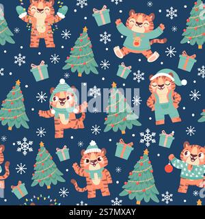 Christmas tiger seamless pattern. Cute cartoon tigers in santa hat with xmas tree, snowflake and gift box. New year 2022 animal vector. Illustration tiger character pattern seamless, animal winter. Christmas tiger seamless pattern. Cute cartoon tigers in santa hat with xmas tree, snowflake and gift box. New year 2022 animal vector print Stock Vector