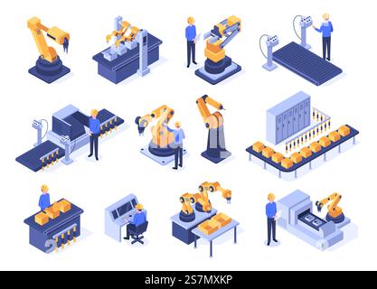 Isometric industrial robots. Assembly line machines, robotic arms with engineer workers and manufacturing technologies. Mechanic industry factory scanner. Isolated 3d vector icons set. Isometric industrial robots. Assembly line machines, robotic arms with engineer workers and manufacturing technologies 3d vector set Stock Vector