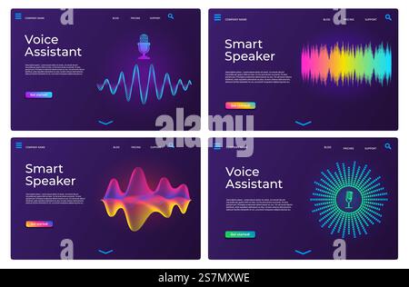 Voice assistant landing pages. Web templates for smart speaker with audio waves and microphone. Online sound recognition app page vector set. Smart voice for application, digital ai illustration. Voice assistant landing pages. Web templates for smart speaker with audio waves and microphone. Online sound recognition app page vector set Stock Vector