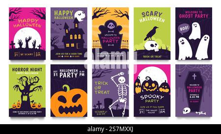 Posters for halloween party. Horror movie night flyer, ticket and trick or treat invitation with skeleton, zombie, scary pumpkin vector set. Illustration halloween night party and invitation poster. Posters for halloween party. Horror movie night flyer, ticket and trick or treat invitation with skeleton, zombie, scary pumpkin vector set Stock Vector