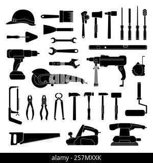 Working hand tools silhouette. Construction and home repair toolkit icons. Workshop hardware, drill, hammer, saw and wrench, vector set. Illustration hammer and carpentry kit to repair and working. Working hand tools silhouette. Construction and home repair toolkit logo icons. Workshop hardware, drill, hammer, saw and wrench, vector set Stock Vector