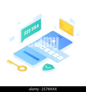 Authentication code illustration isometric style. Illustration for websites, landing pages, mobile applications, posters and banners. Stock Vector