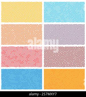 Diffusion seamless patterns. Modern bio organic Turing design with abstract stipple, dots and lines. Geometric ornament vector textures set. Rounded colorful lines. Structure of natural cells, maze. Diffusion seamless patterns. Modern bio organic Turing design with abstract stipple, dots and lines. Geometric ornament vector textures set Stock Vector