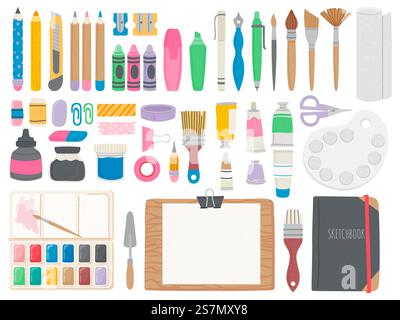 Art supplies. Artist toolkit with crayons, brushes, watercolor paint tubes, pencils and easel. Equipment for draw and calligraphy vector set. Illustration art collection paintbrush and tools supplies. Art supplies. Artist toolkit with crayons, brushes, watercolor paint tubes, pencils and easel. Equipment for draw and calligraphy vector set Stock Vector