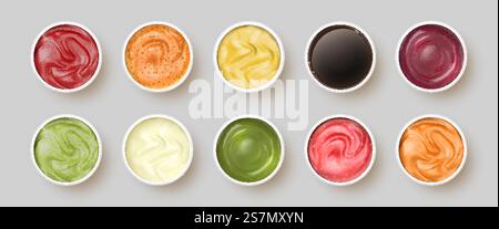Dip sauces top view. Bowls with mayonnaise, tomato ketchup, mustard, pesto, curry and guacamole. Realistic spicy seasoning sauce vector set. Illustration dip sauce, spice and white. Dip sauces top view. Bowls with mayonnaise, tomato ketchup, mustard, pesto, curry and guacamole. Realistic spicy seasoning sauce vector set Stock Vector