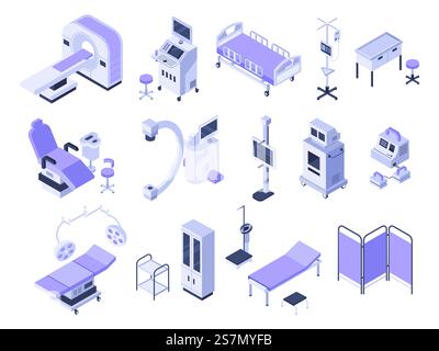Isometric hospital tools. Medical diagnostic equipment, healthcare monitoring and health care diagnostics technology. Operating table or surgery tools. Isolated 3d vector icons set. Isometric hospital tools. Medical diagnostic equipment, healthcare monitoring and health care diagnostics technology 3d vector set Stock Vector
