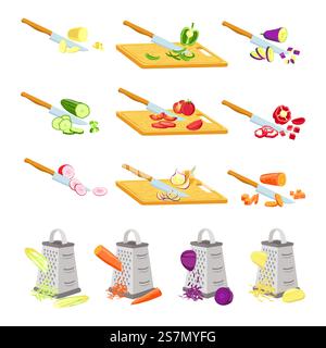 Cut vegetables on board. Knife chopping onion, tomato and radish on wooden boards. Grater rub carrot. Recipe cooking slices vector set. Knife cut cucumber and pepper, salad and tomato illustration. Cut vegetables on board. Knife chopping onion, tomato and radish on wooden boards. Grater rub carrot. Recipe cooking slices steps vector set Stock Vector