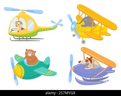 Cute animals on air transport. Animal pilot, pet in helicopter and airplane journey kids. Aircraft vehicle transportation, aviation animals adventure. Isolated cartoon illustration icons set. Cute animals on air transport. Animal pilot, pet in helicopter and airplane journey kids cartoon illustration set Stock Vector