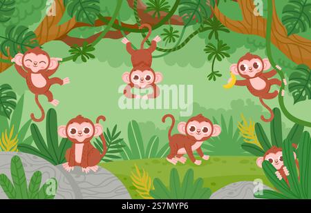 Cute monkeys hanging on lianas trees in jungle forest. Cartoon happy monkey characters play and jump. Childish tropical zoo vector landscape. Illustration of animal monkey hang on liana. Cute monkeys hanging on lianas trees in jungle forest. Cartoon happy monkey characters play and jump. Childish tropical zoo vector landscape Stock Vector
