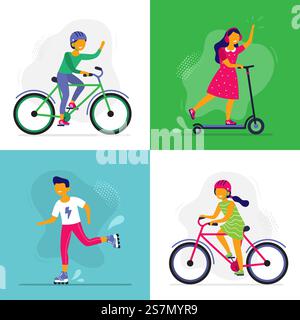Skating kids. Children ride bike, rollerblades and scooter. Rollerblading childrens, friends riding together. Summer activities, bicycle or scooter wheel game. Vector isolated icons illustration set. Skating kids. Children ride bike, rollerblades and scooter. Rollerblading childrens, friends riding together vector illustration Stock Vector