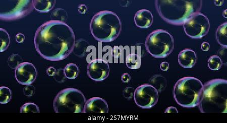 Realistic background with colorful glossy flying soap bubbles. Bath foam 3d spheres with rainbow reflection. Washing bubbles vector concept. Shiny shampoo balloons seamless pattern Stock Vector
