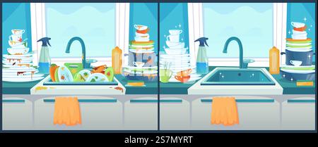 Washing dishes in sink. Dirty dish in kitchen, clean plates and messy dinnerware. Dirt unwashed or clean dish washstand and kitchen dishes, washing home utensil cartoon vector illustration. Washing dishes in sink. Dirty dish in kitchen, clean plates and messy dinnerware cartoon vector illustration Stock Vector