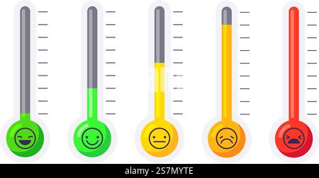 Stress or pain level thermometer. Face with emotions and feelings with different color. Emotional scale from happy, calm, nervous, stressed and angry for web page, app vector illustration.. Stress or pain level thermometer. Face with emotions and feelings with different color. Emotional scale. Stock Vector