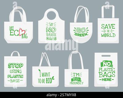 Eco fabric bag. Say no to plastic bags, polythene refuse ban slogan and textile shopping handbag. Shopper, ecological fabric package. Vector isolated illustration icons set. Eco fabric bag. Say no to plastic bags, polythene refuse ban slogan and textile shopping handbag vector illustration Stock Vector