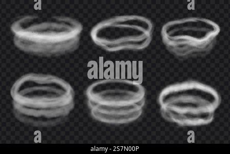 Realistic wind, steam or smoke circles, swirls and rings. Round shaped vapor, spiral fog clouds, vape circle. 3d frost ice effect vector set. Steam border after cigarette or hookah Stock Vector