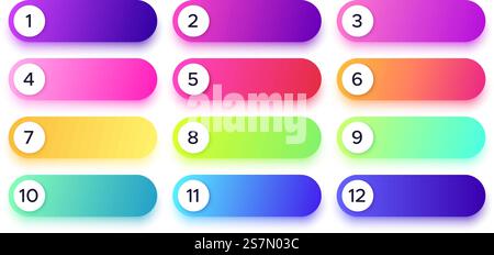 Gradient buttons with numbers in different color. Round bullet points. Template for application, website design or game. Bright line or stripe for info message, advertisement vector set. Gradient buttons with numbers in different color. Round bullet points template for application, website Stock Vector