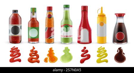 Realistic sauces in bottles. Hot chili, tomato ketchup, mustard and soy sauce in glass packaging and condiment splash vector set. Illustration chili sauce and mustard, ketchup tomato and mayonnaise. Realistic sauces in bottles. Hot chili, tomato ketchup, guacamole, mustard and soy sauce in glass packaging and condiment splash vector set Stock Vector