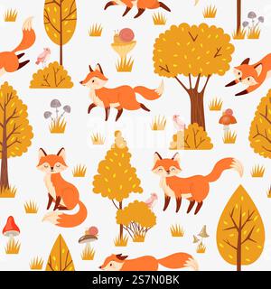 Seamless forest foxes pattern. Cute red fox among yellow trees, wild animal nature. Foxy woodland wallpaper, kawaii fur foxes fabric or wrapping cartoon background vector illustration. Seamless forest foxes pattern. Cute red fox among yellow trees, wild animal nature background vector illustration Stock Vector