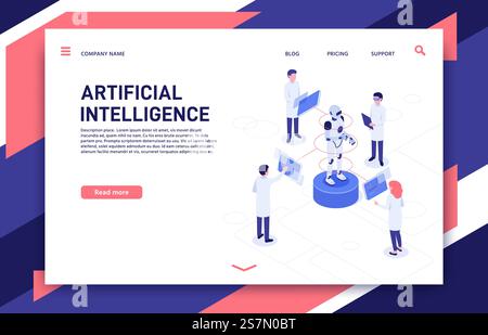 Artificial intelligence development. Cyborg manufacturing, robotics future and bionic robot. Futuristic clever artificial intelligence bot development 3d isometric vector illustration. Artificial intelligence development. Cyborg manufacturing, robotics future and bionic robot 3d isometric vector illustration Stock Vector