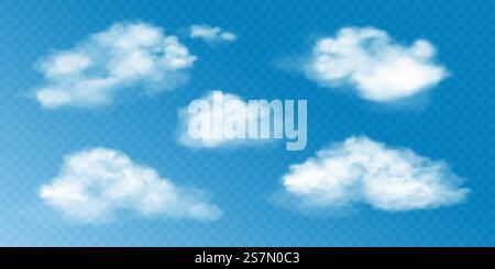 Realistic white clouds set. Vector collection of 3d smoke or fog. Natural cumulus clouds design elements on transparent background for weather forecast. Realistic white clouds set. Vector collection of 3d smoke or fog. Natural cumulus clouds design elements on transparent background for weather forecast. Stock Vector