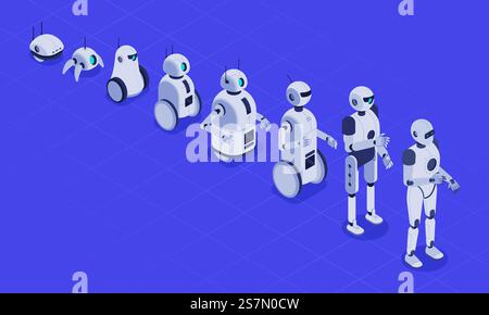 Isometric evolution of robots. Progress in robotics, futuristic robotic machines and robot android development. Engineering android cyborg robots tech evolution 3D vector illustration. Isometric evolution of robots. Progress in robotics, futuristic robotic machines and robot android development 3D vector illustration Stock Vector