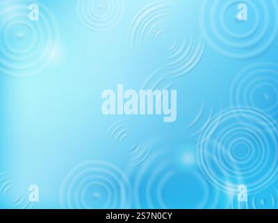 Circles on water surface. Radial ripples and effect of rain drops in puddle or pool top view. Blue circular waves texture vector background. Circular movements from rain on river or sea. Circles on water surface. Radial ripples and effect of rain drops in puddle or pool top view. Blue circular waves texture vector background Stock Vector