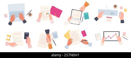 Working businessman hands. Man type on laptop top view. Employees make statistic report, sign document and handshake. Office work vector set. Illustration business finance research accounting. Working businessman hands. Man type on laptop top view. Employees make statistic report, sign document and handshake. Office work vector set Stock Vector